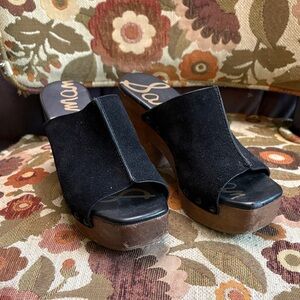 Sam Edelman Josselyn Black Suede Platform Clog Mules with Wooden Sole 6.5